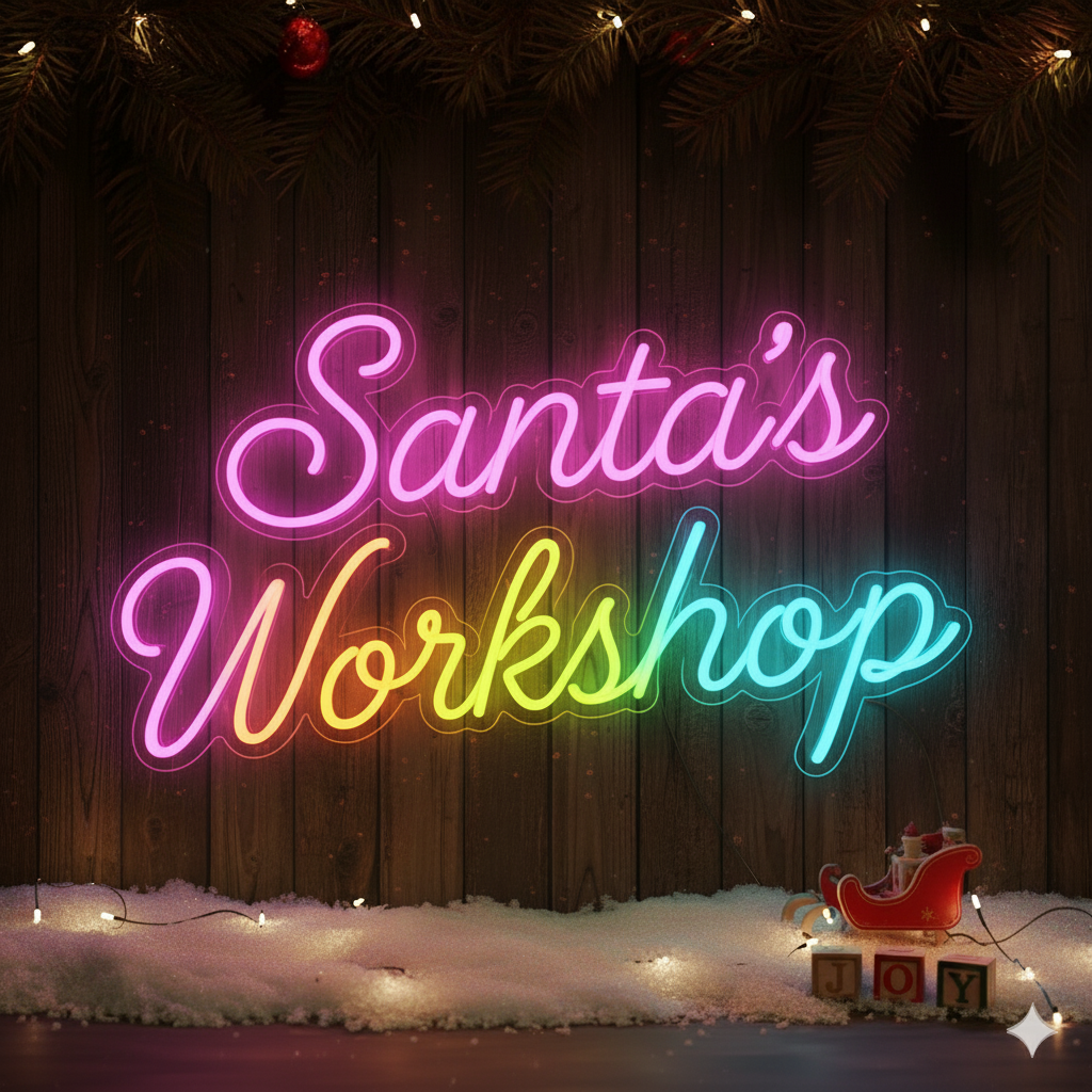 Santa's Workshop Faux Neon Script Sign – Seasonal Interior