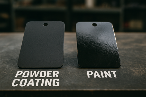 Close-up comparison of two black metal samples labeled “Powder Coating” and “Paint,” showing surface texture differences on a workbench background.