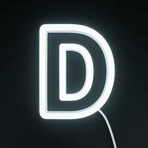 Neon light shaped like the letter 'D' on a black background