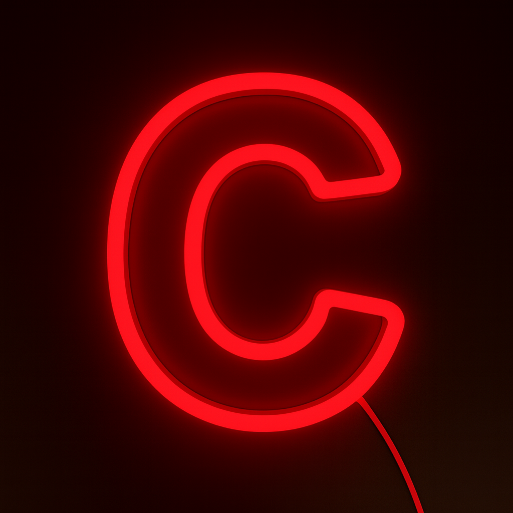 Red neon letter 'C' on a black background