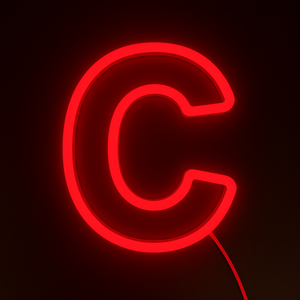Red neon letter 'C' on a black background
