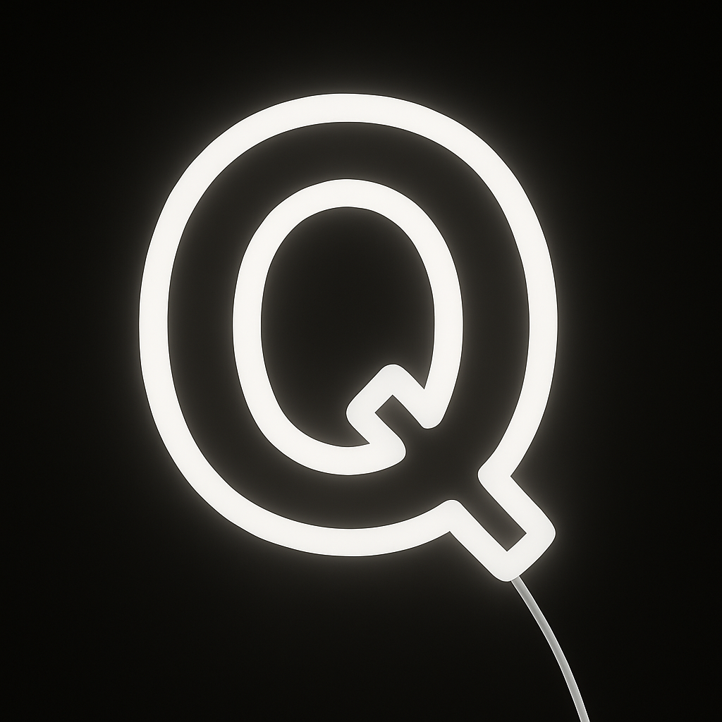 Neon light shaped like the letter 'Q' on a black background