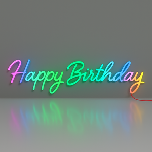 Neon sign with 'Happy Birthday' text on a dark background