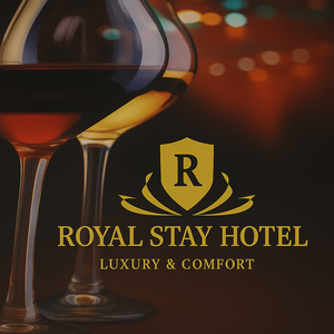 Two wine glasses with red wine and Royal Stay Hotel logo on a dark background