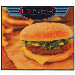 Doormat with a burger and fries design and 'Diner' sign.