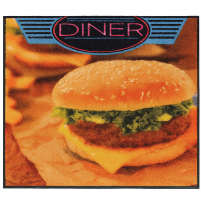 Doormat with a burger and fries design and 'Diner' sign.