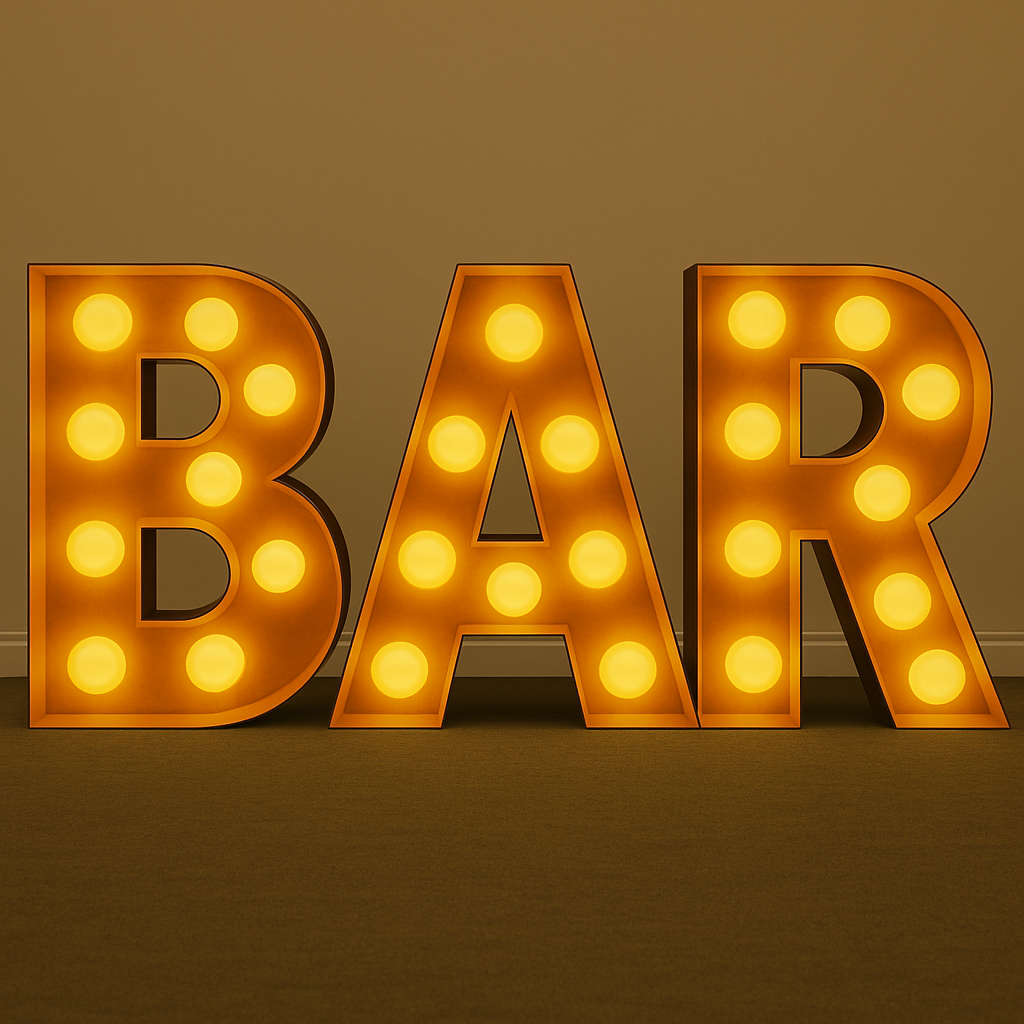 Decorative letters spelling 'BAR' with glowing bulbs on a brown background