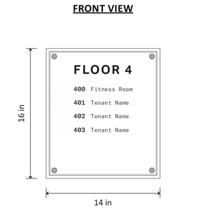 Floor sign with room numbers and dimensions on a white background