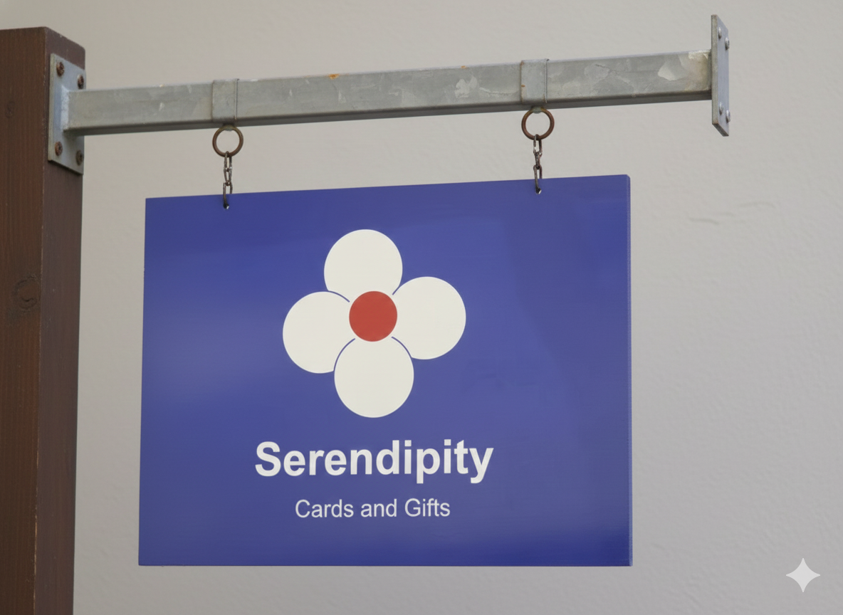 Serendipity Cards and Gifts sign with a flower logo on a blue background