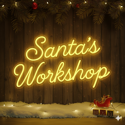 Santa's Workshop Faux Neon Script Sign – Seasonal Interior