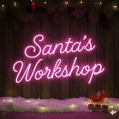 Santa's Workshop Faux Neon Script Sign – Seasonal Interior
