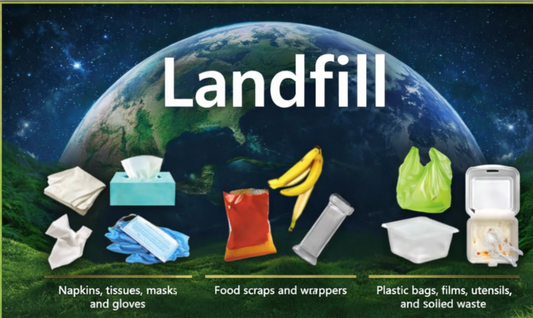 Illustration of Earth with waste items labeled 'Landfill