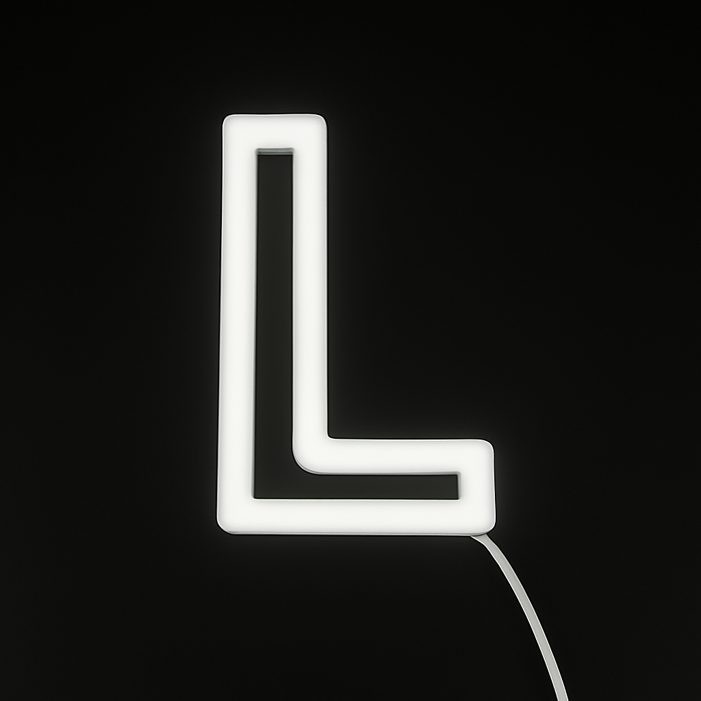 Neon letter 'L' on a black background