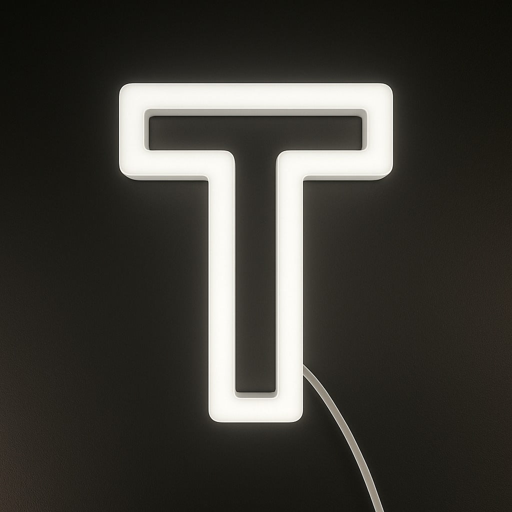 Neon light shaped like the letter T