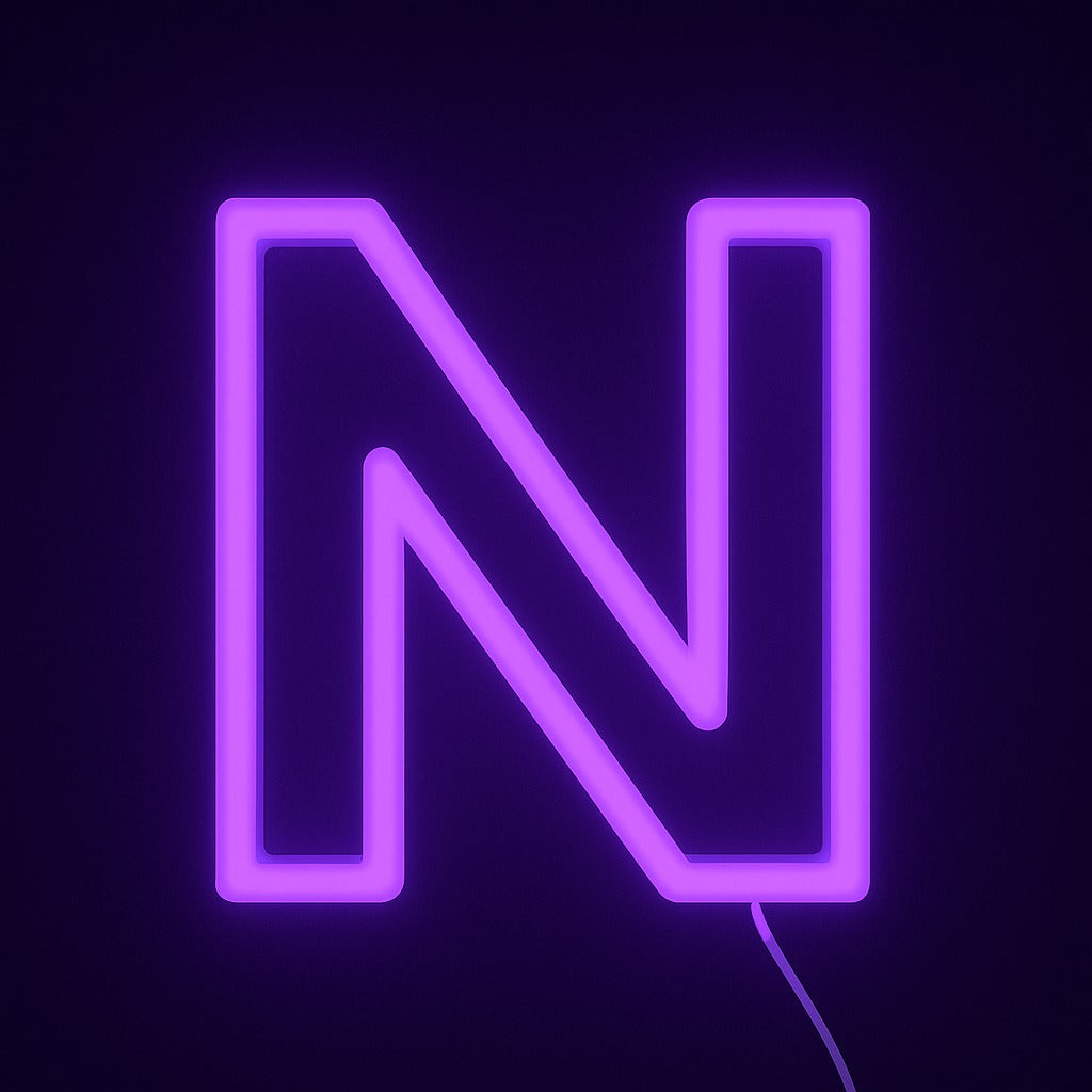 Neon purple letter 'N' on a black background