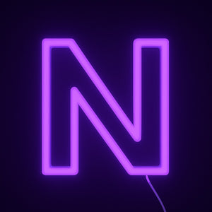 Neon purple letter 'N' on a black background