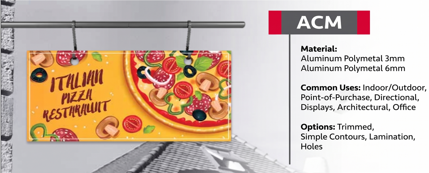 Pizza-themed promotional banner with ACM branding