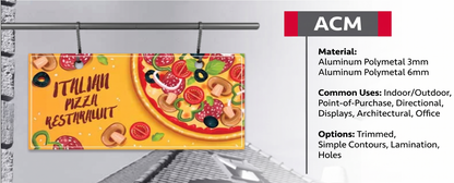 Pizza-themed promotional banner with ACM branding
