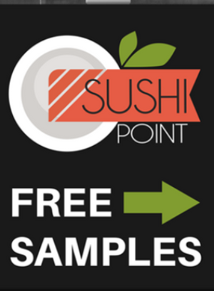 Promotional sign for Sushi Point offering free samples.