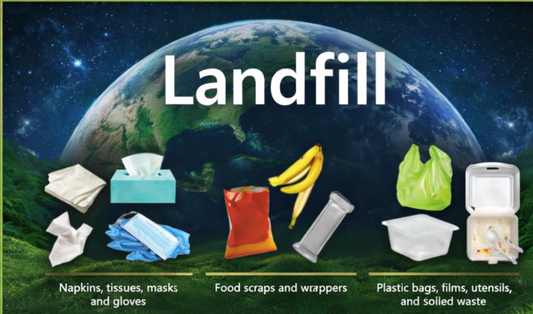 Illustration of Earth with waste items labeled 'Landfill' and types of waste.