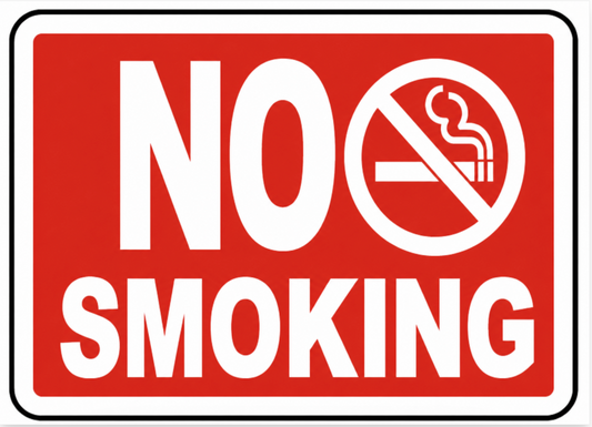 No smoking sign with red background and white text and symbol