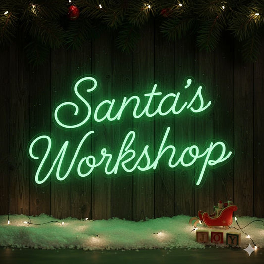 Santa's Workshop Faux Neon Script Sign – Seasonal Interior